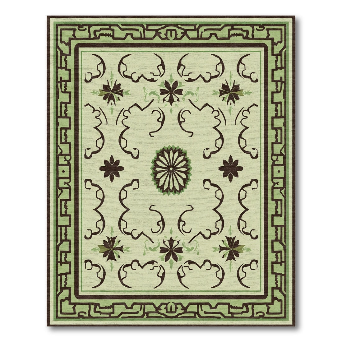 Earthy Green Floral Scroll Square Rug