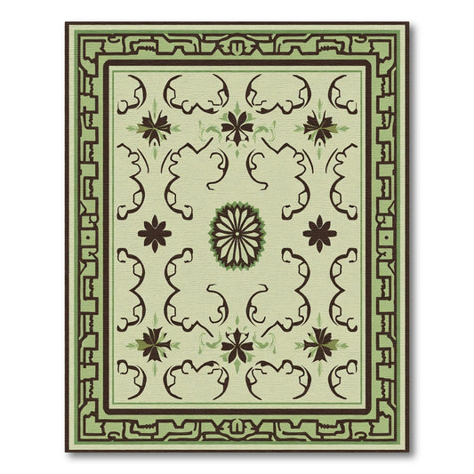 Earthy Green Floral Scroll Square Rug