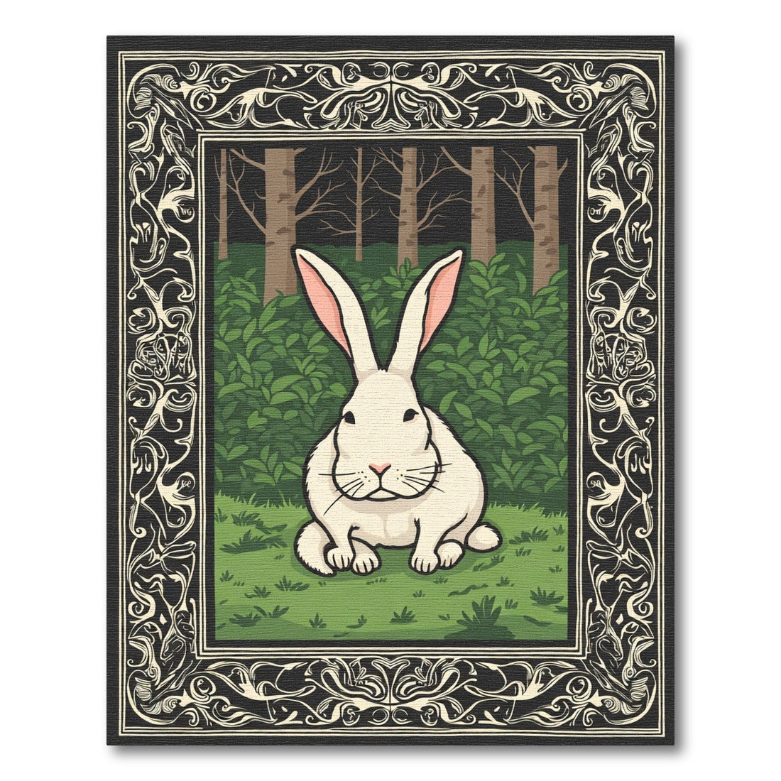 Whimsical White Rabbit Forest Frame Rug