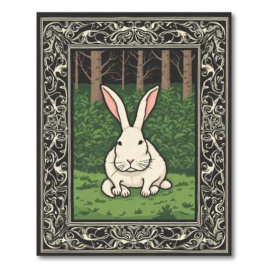 Whimsical White Rabbit Forest Frame Rug