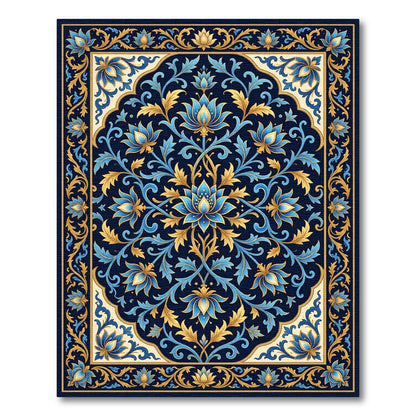 Elegant Navy Gold Lotus Floral Medallion Rug