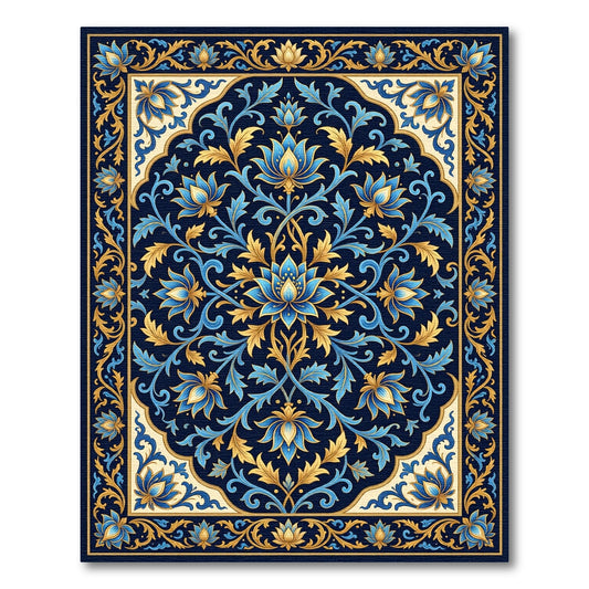 Elegant Navy Gold Lotus Floral Medallion Rug