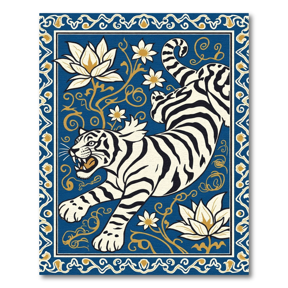 Bold Blue Tiger Lotus Scroll Rug