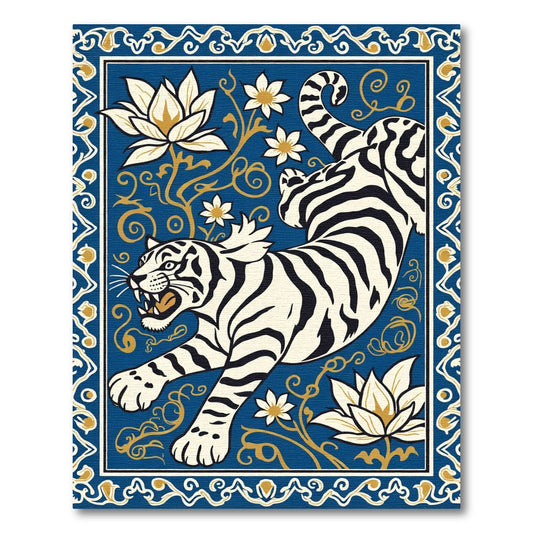 Bold Blue Tiger Lotus Scroll Rug