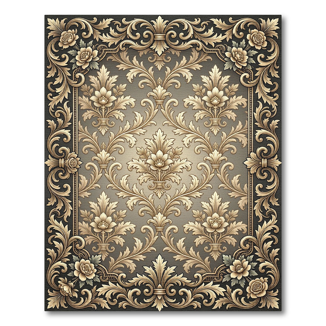 Ornate Gold Floral Damask Border Rug