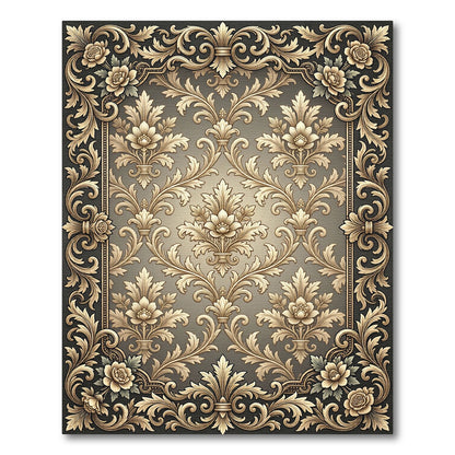 Ornate Gold Floral Damask Border Rug