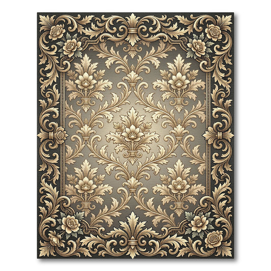 Ornate Gold Floral Damask Border Rug