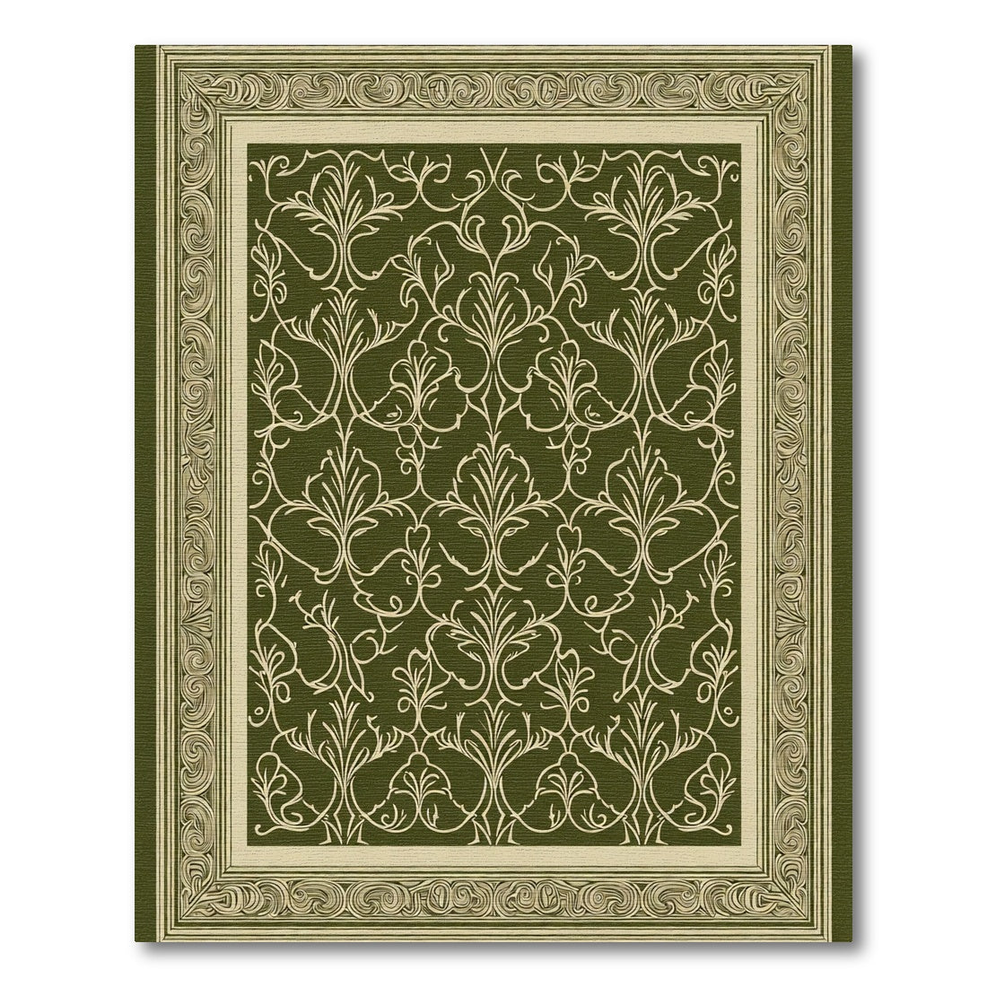 Deep Green Swirling Vine Border Rug