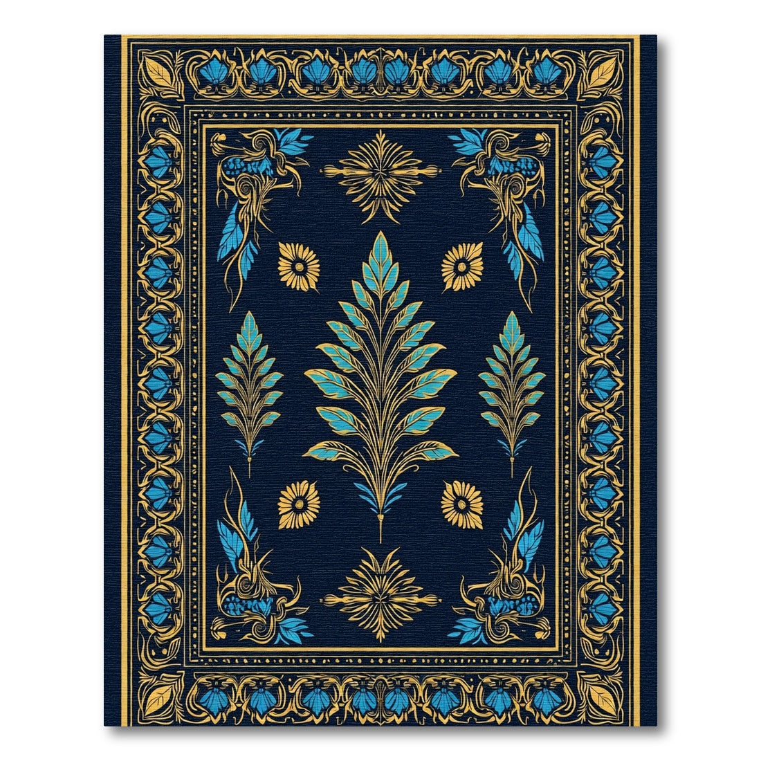 Navy Blue Gold Floral Leaf Art Rug