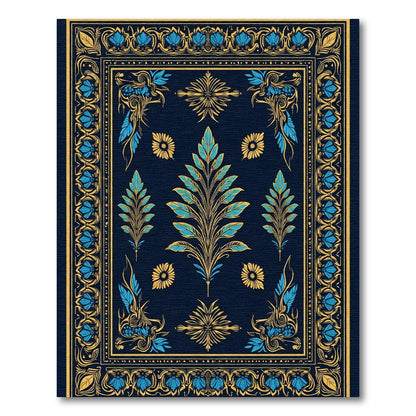 Navy Blue Gold Floral Leaf Art Rug