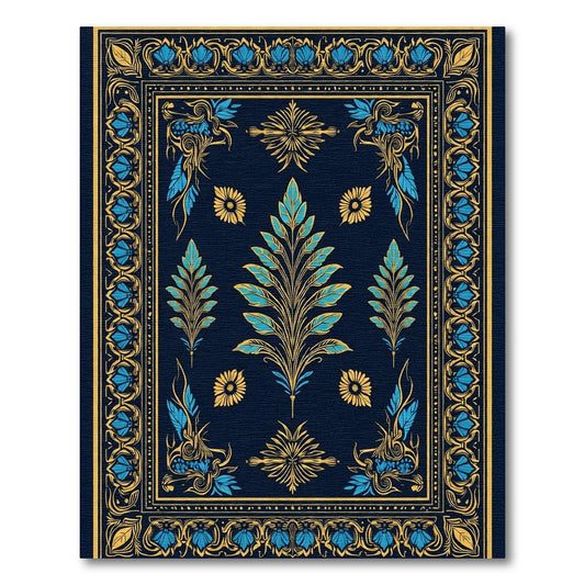 Navy Blue Gold Floral Leaf Art Rug