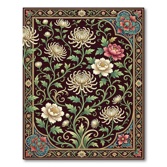 Elegant Chrysanthemum Bloom Cream Dark Burgundy Rug