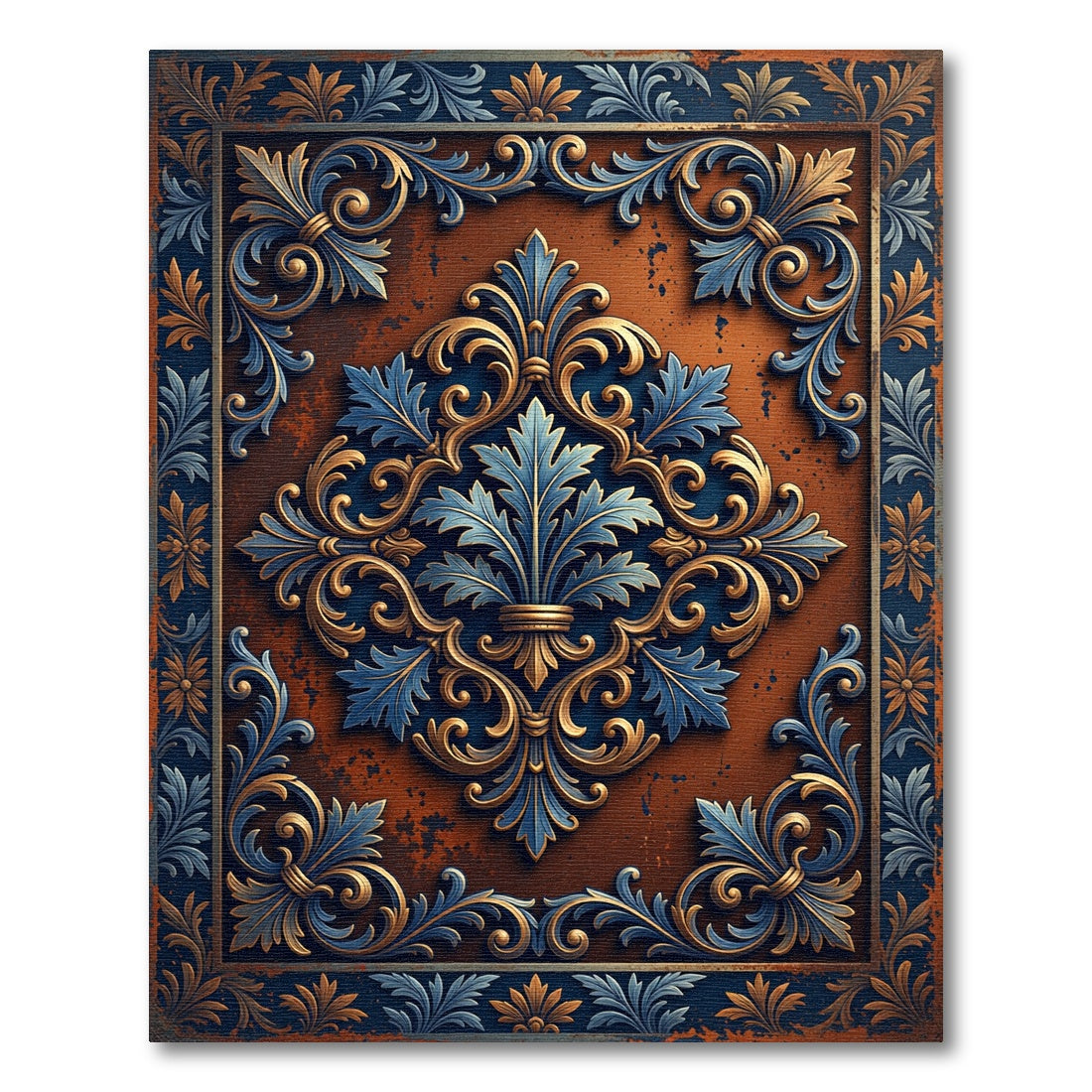 Ornate Blue Gold Fleur De Lis Rampant Rug