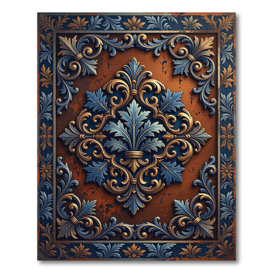 Ornate Blue Gold Fleur De Lis Rampant Rug