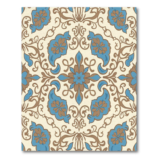 Cream Tan Blue Floral Medallion Rug