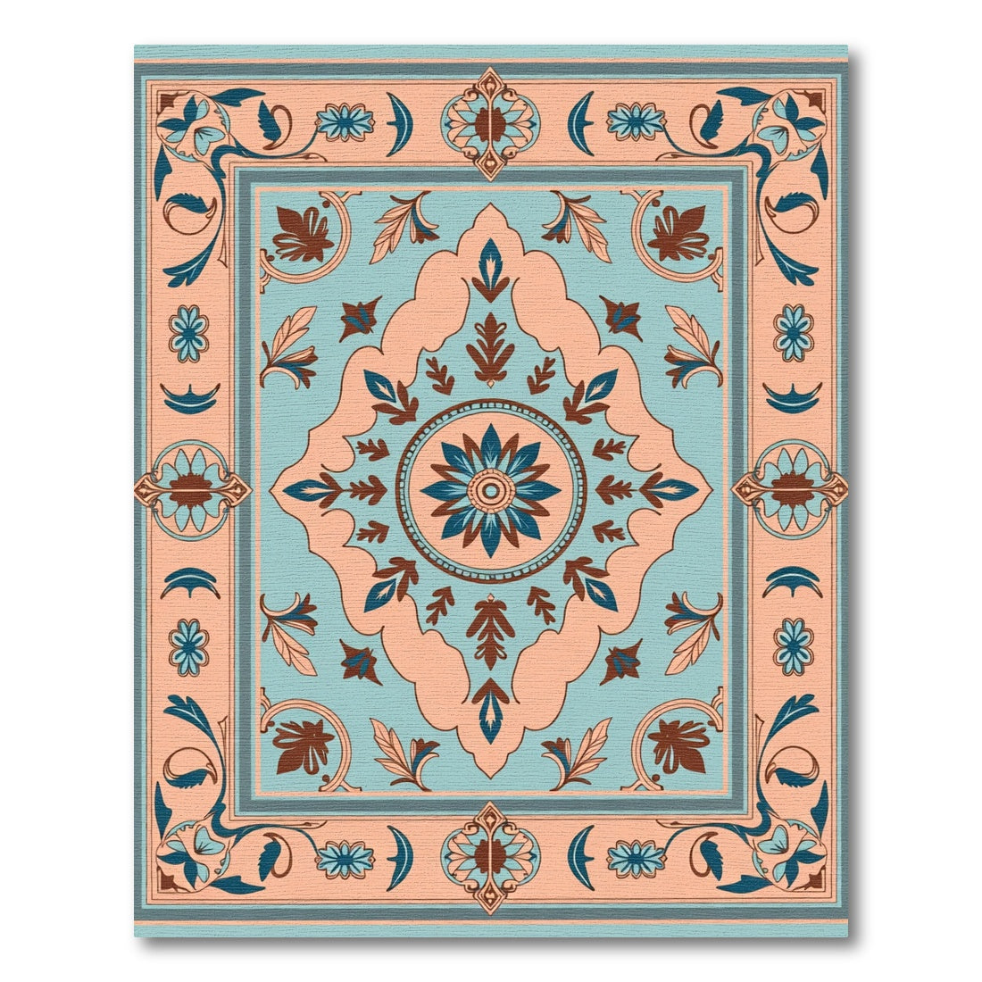 Peach Blue Floral Medallion Border Rug