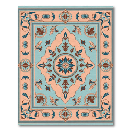 Peach Blue Floral Medallion Border Rug