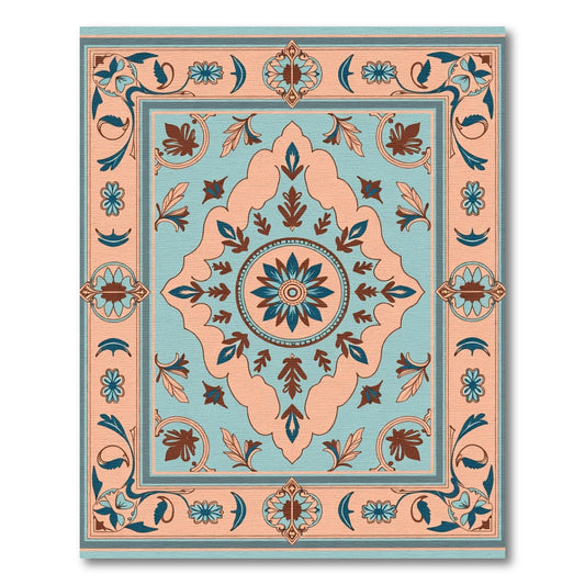 Peach Blue Floral Medallion Border Rug