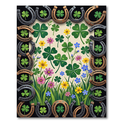 Lucky Horseshoe and Clover Meadow Illustration Rug