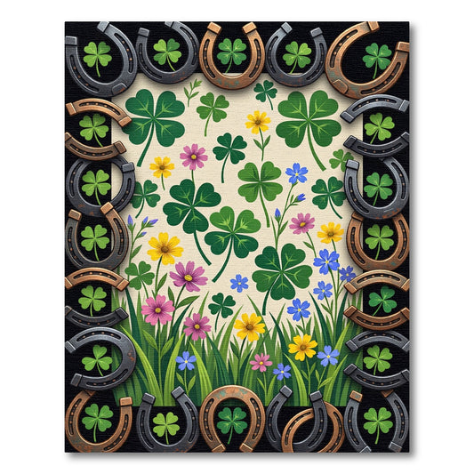 Lucky Horseshoe and Clover Meadow Illustration Rug