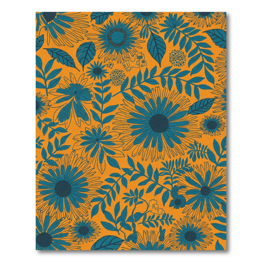 Teal Floral Bloom On Orange Background Rug