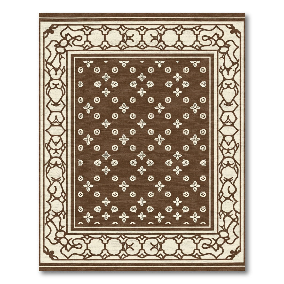 Brown Ivory Outline Floral Border Rug