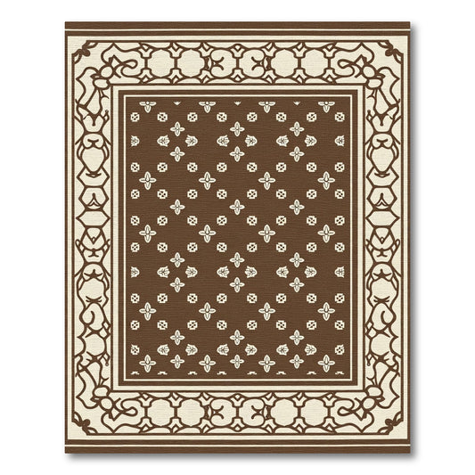 Brown Ivory Outline Floral Border Rug