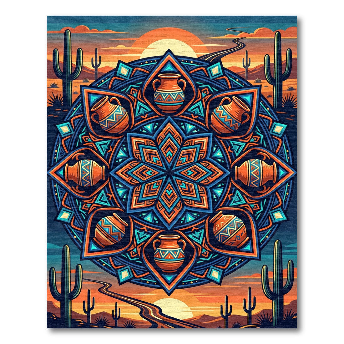 Vibrant Southwestern Sunset Pottery Mandala Rug