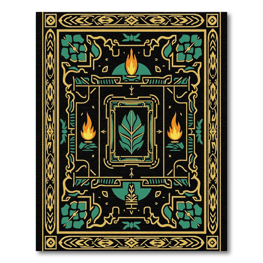 Black Teal Gold Geometric Fireleaf Rug