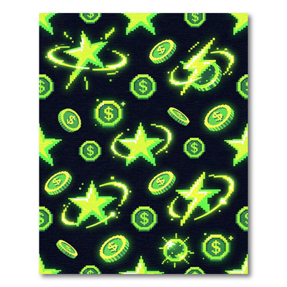 Neon Pixel Star and Coin Grid Rug