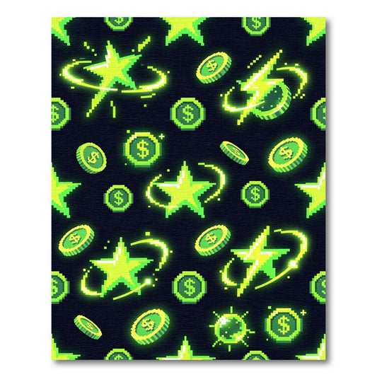 Neon Pixel Star and Coin Grid Rug