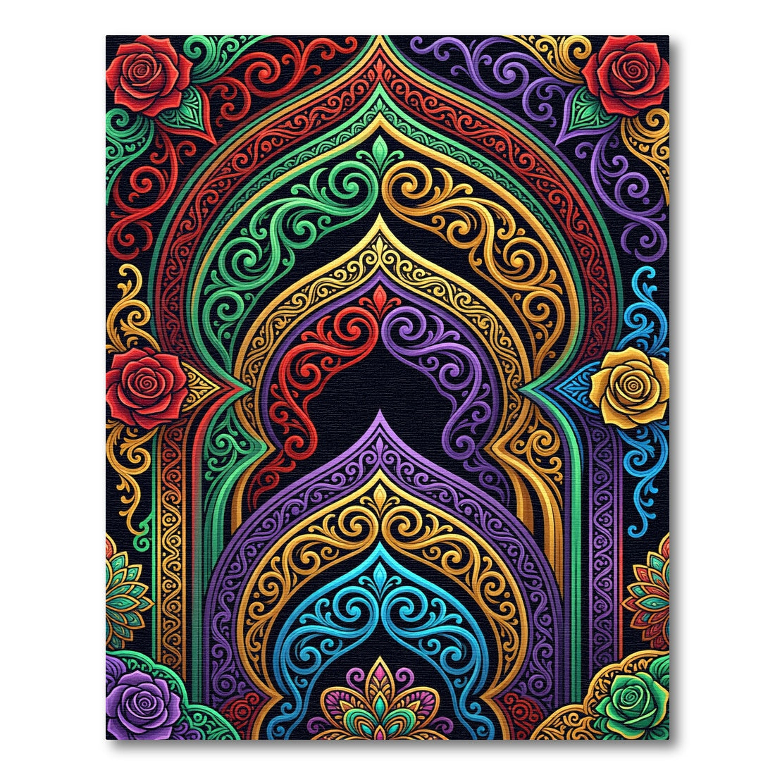 Vibrant Floral Arches with Ornate Swirls Rug