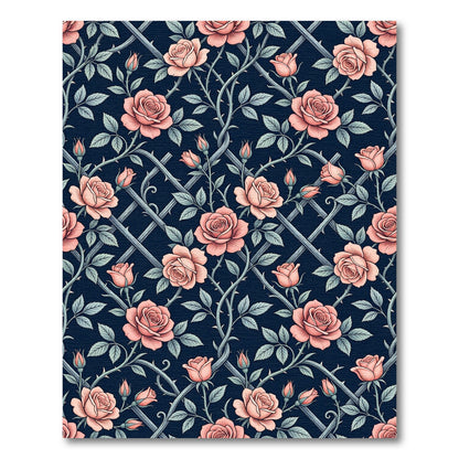 Vintage Pink Rose Trellis Navy Botanical Rug