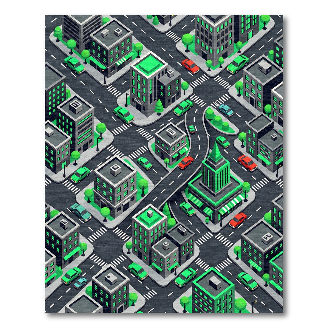 Modern Isometric Green City Grid Rug