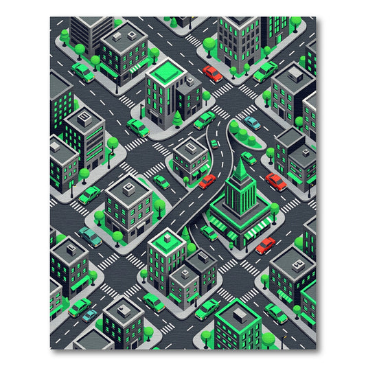 Modern Isometric Green City Grid Rug