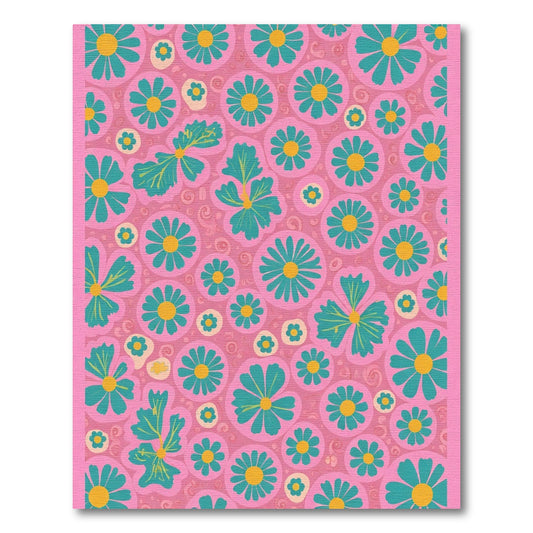 Pink Blooming Teal Yellow Floral Whimsical Rug