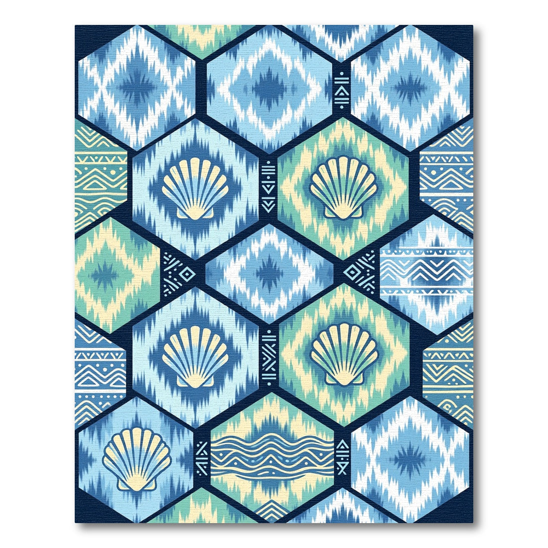 Coastal Blue Shell Geometric Hexagon Rug