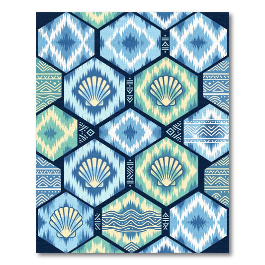 Coastal Blue Shell Geometric Hexagon Rug