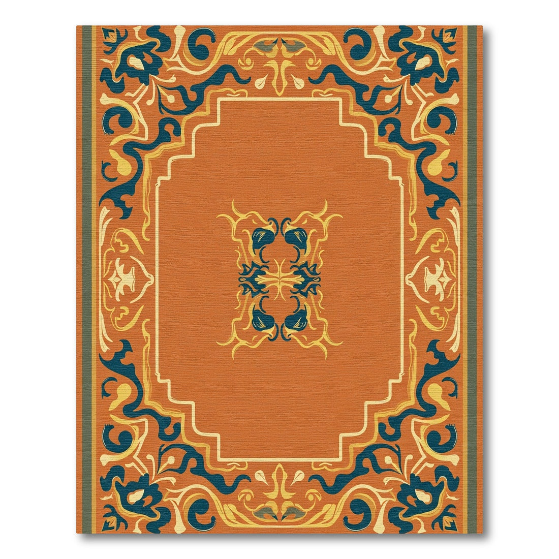 Orange Teal Golden Scroll Border Rug