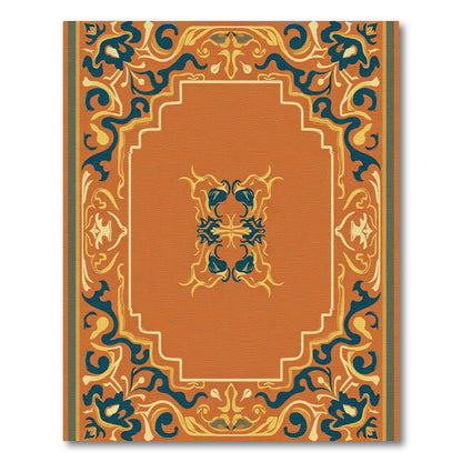 Orange Teal Golden Scroll Border Rug