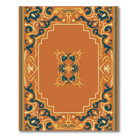 Orange Teal Golden Scroll Border Rug