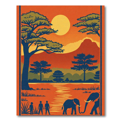 Vibrant Sunset Safari Elephant Landscape Rug