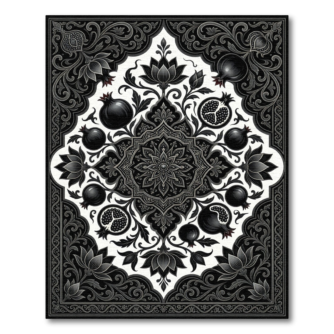 Black Pomegranate Floral Mandala Art Rug