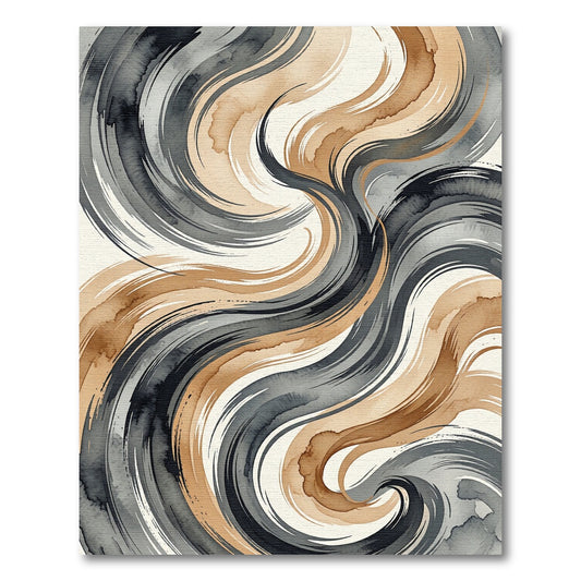 Modern Charcoal and Ochre Abstract Swirl Rug