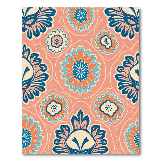 Coral Blue Orange Floral Medallion Rug