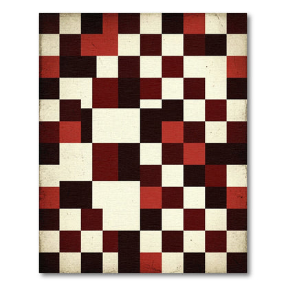 Distressed Red And Cream Geometric Grid Rug