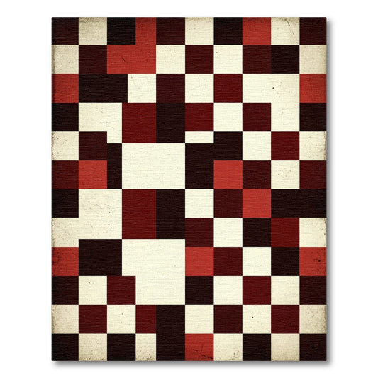 Distressed Red And Cream Geometric Grid Rug