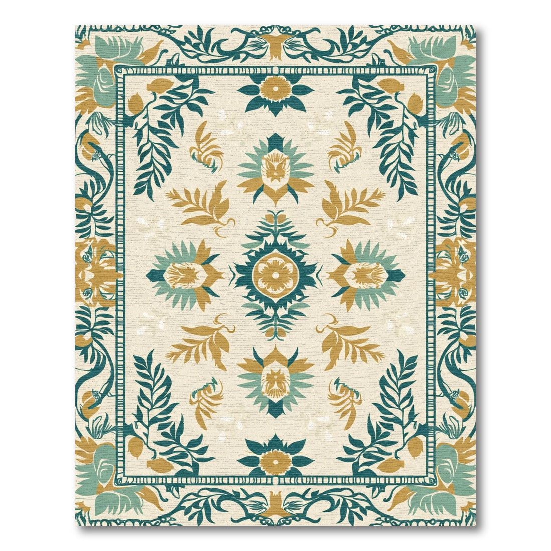 Teal Gold Floral Medallion Ivory Rug