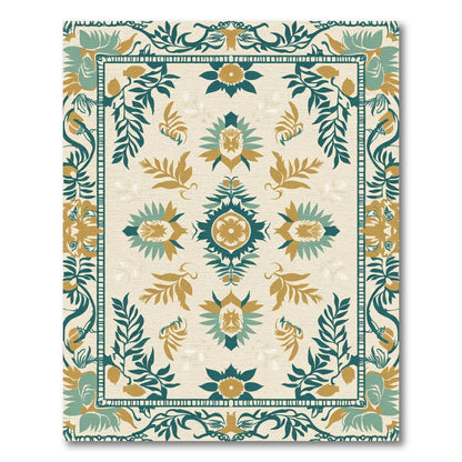 Teal Gold Floral Medallion Ivory Rug