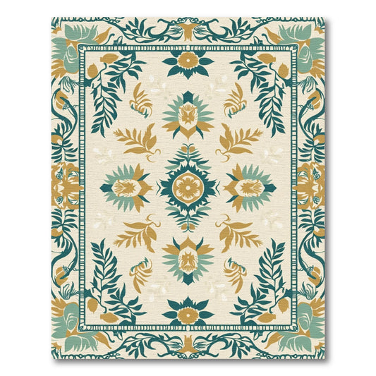 Teal Gold Floral Medallion Ivory Rug